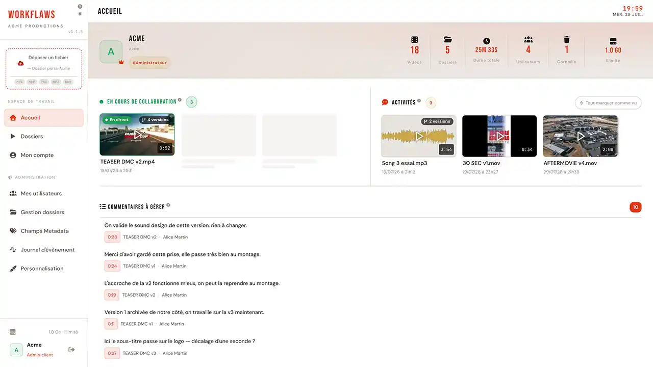 Workflaws workspace home: media under review, recent activity and comments to handle