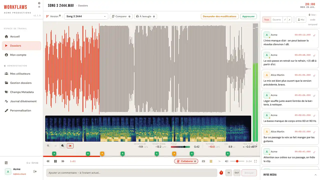 Lecteur audio Workflaws : forme d'onde, spectrogramme, mesures de loudness LUFS et commentaires horodatés