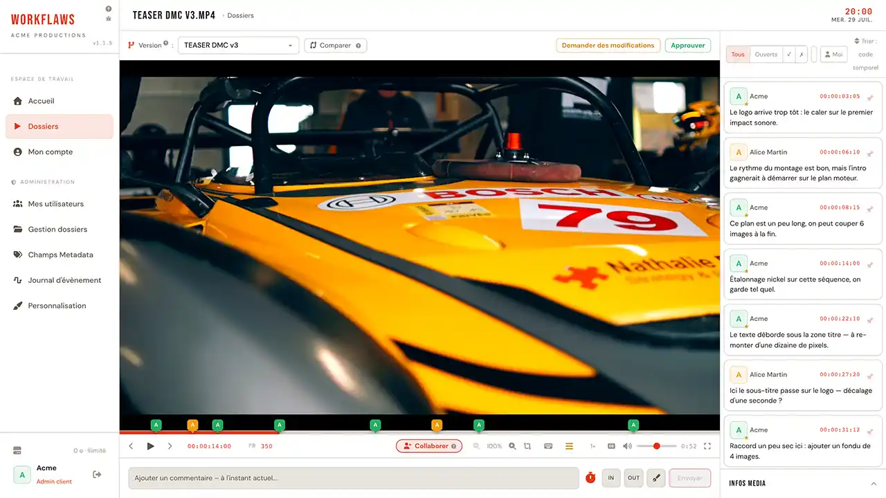 Lecteur vidéo Workflaws : timecode SMPTE, marqueurs de commentaires sur la timeline, zoom et fil de retours